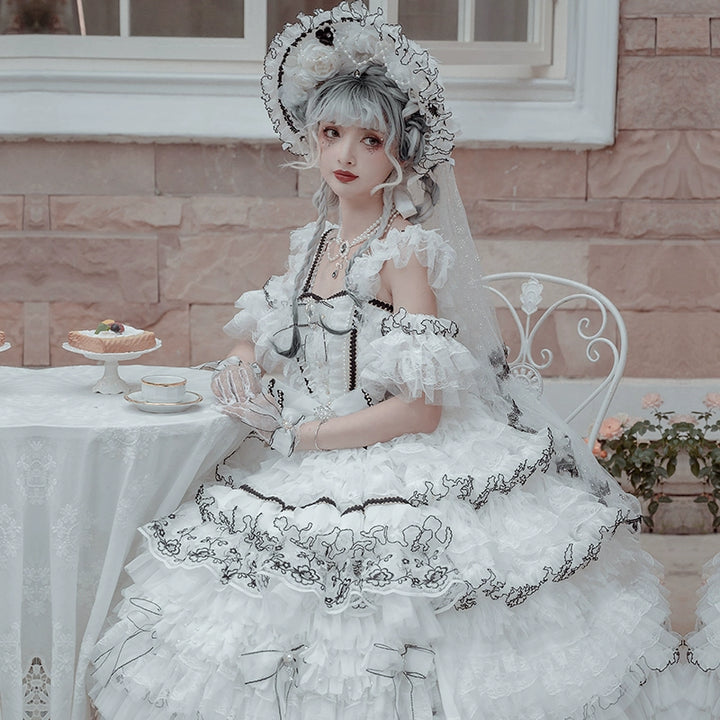 Cat Fairy~Dark Starry Night~Wedding Lolita Jumper Dress Black And White Tea Party Dress