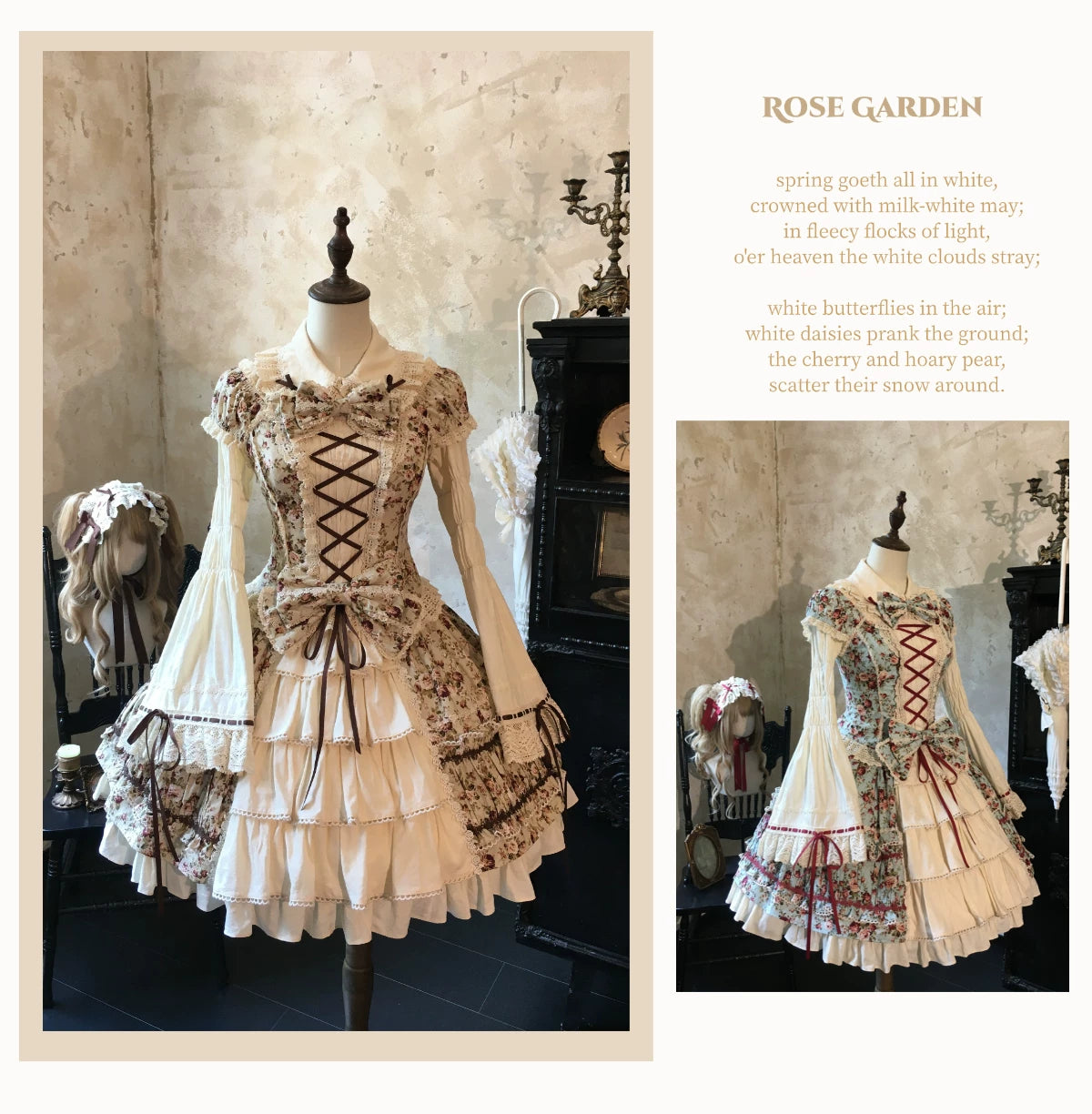 Old Rose Garden - Cotton Old School Lolita Top & Skirt Set, Floral Print 45886:866528