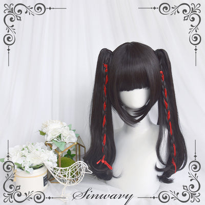 Sinwavy~Pandora's Box~Lolita Short Wig with Cute Double Ponytails black - long micro curls, only a pair of ponytails  