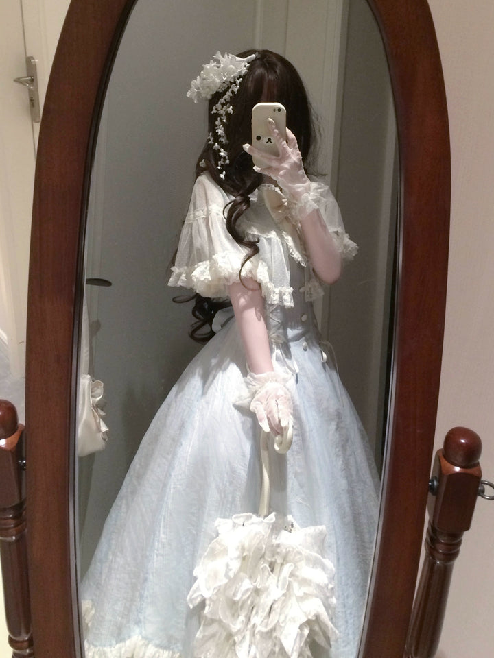Kuma~Little Wind Chime~Elegant Lolita OP Water Blue Dress With Decorative Tulle Cape