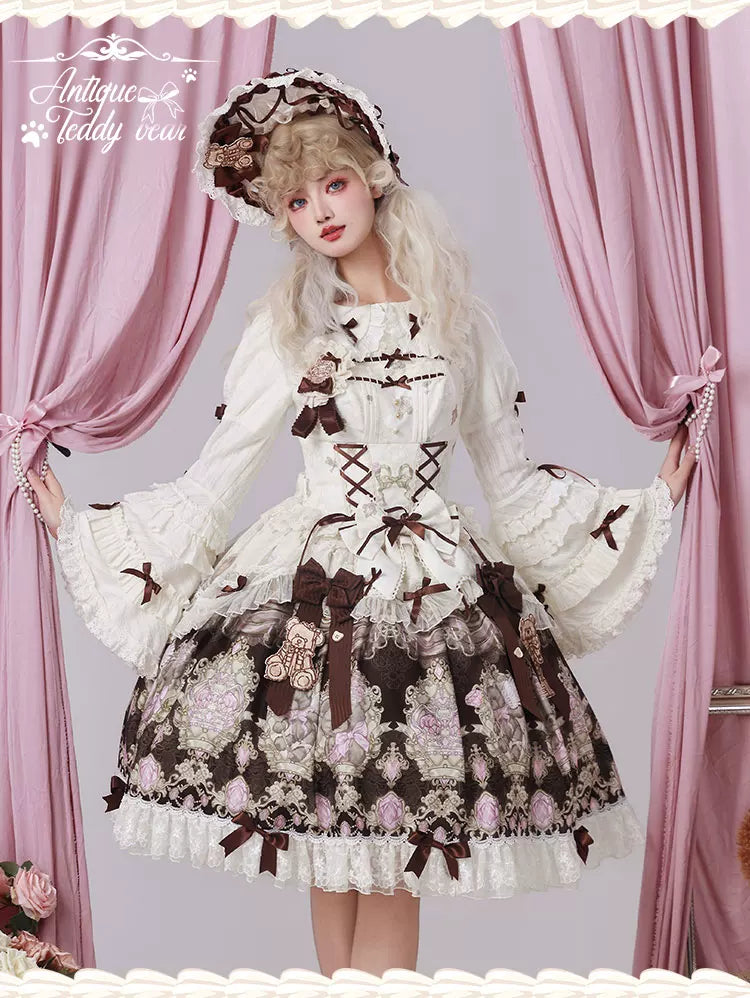 Antique Teddy Bear - Classic Lolita Printed JSK Dress with Ribbon Bows 45538:853268