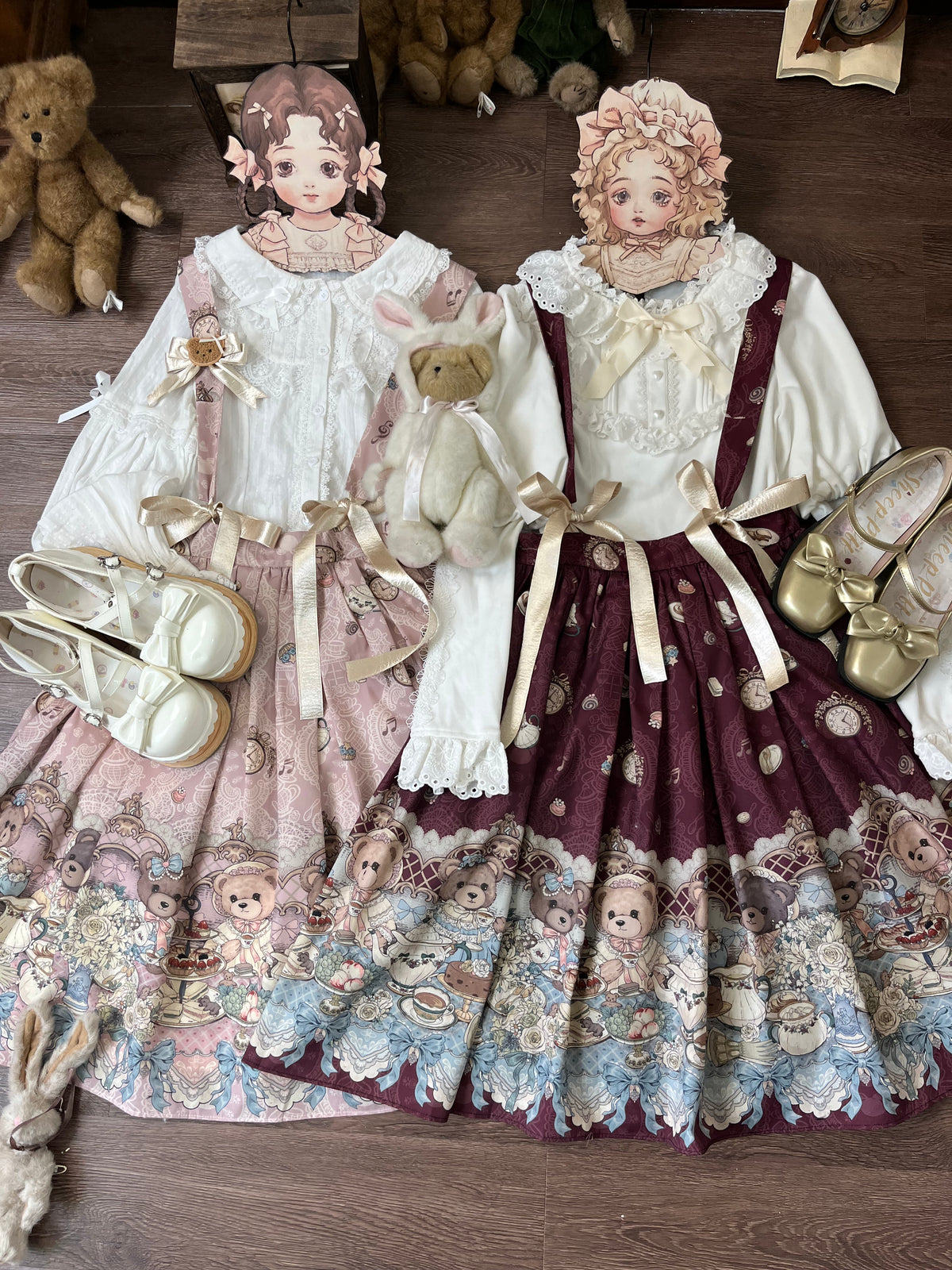 Bear's Tea Party - Kawaii Vintage Lolita Suspender Skirt, Bear Print 46007:871882
