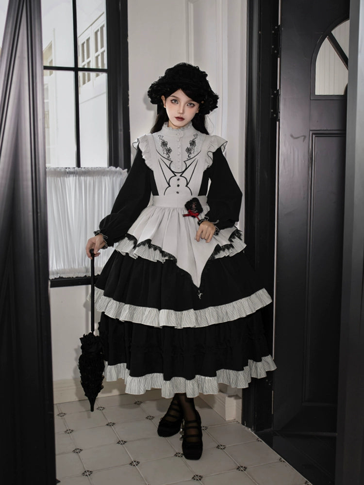 With PUJI~Castle Night~Gothic Twins Lolita OP Three-tiered Embroidery Dress