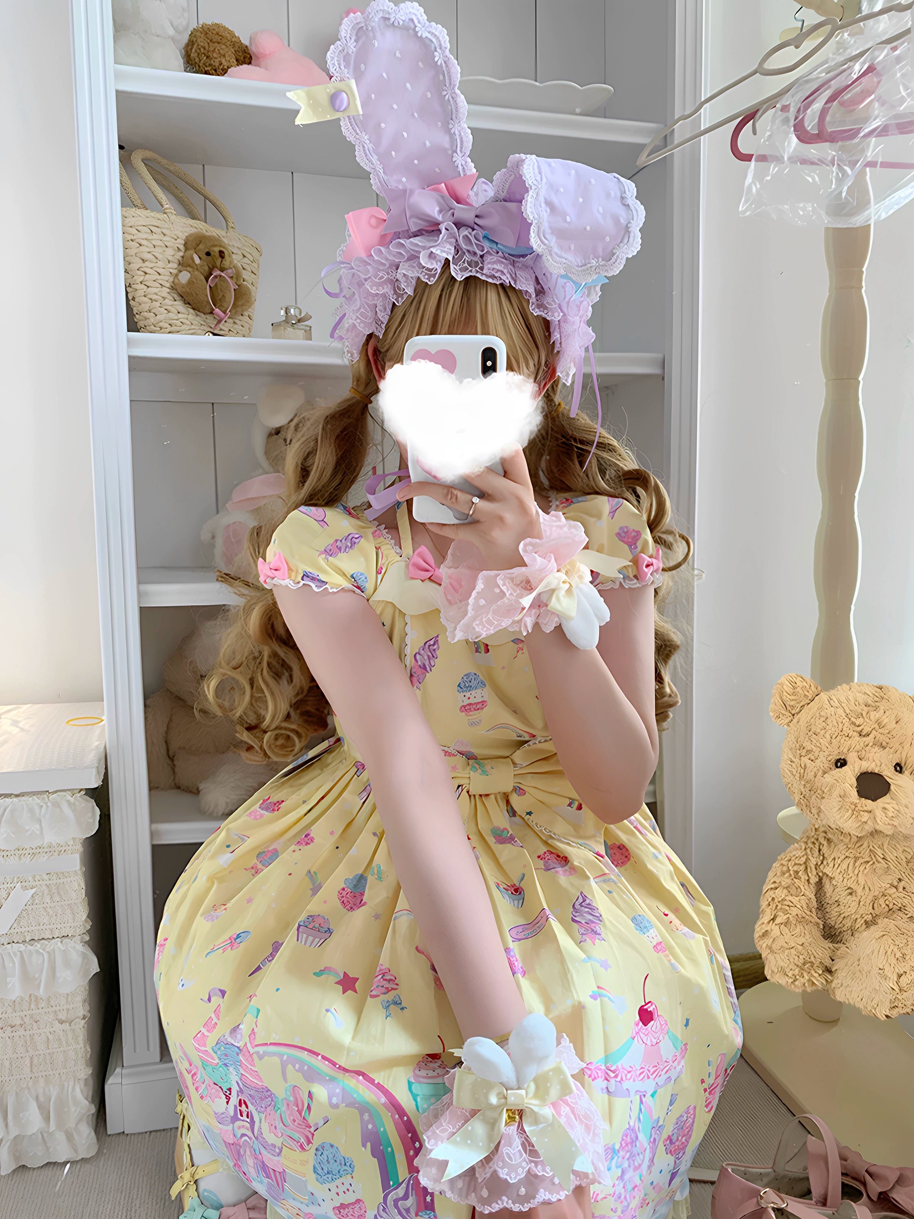 Kawaii Lolita Bunny Ear Hairband, Polka Dot Bow Hairband (purple)