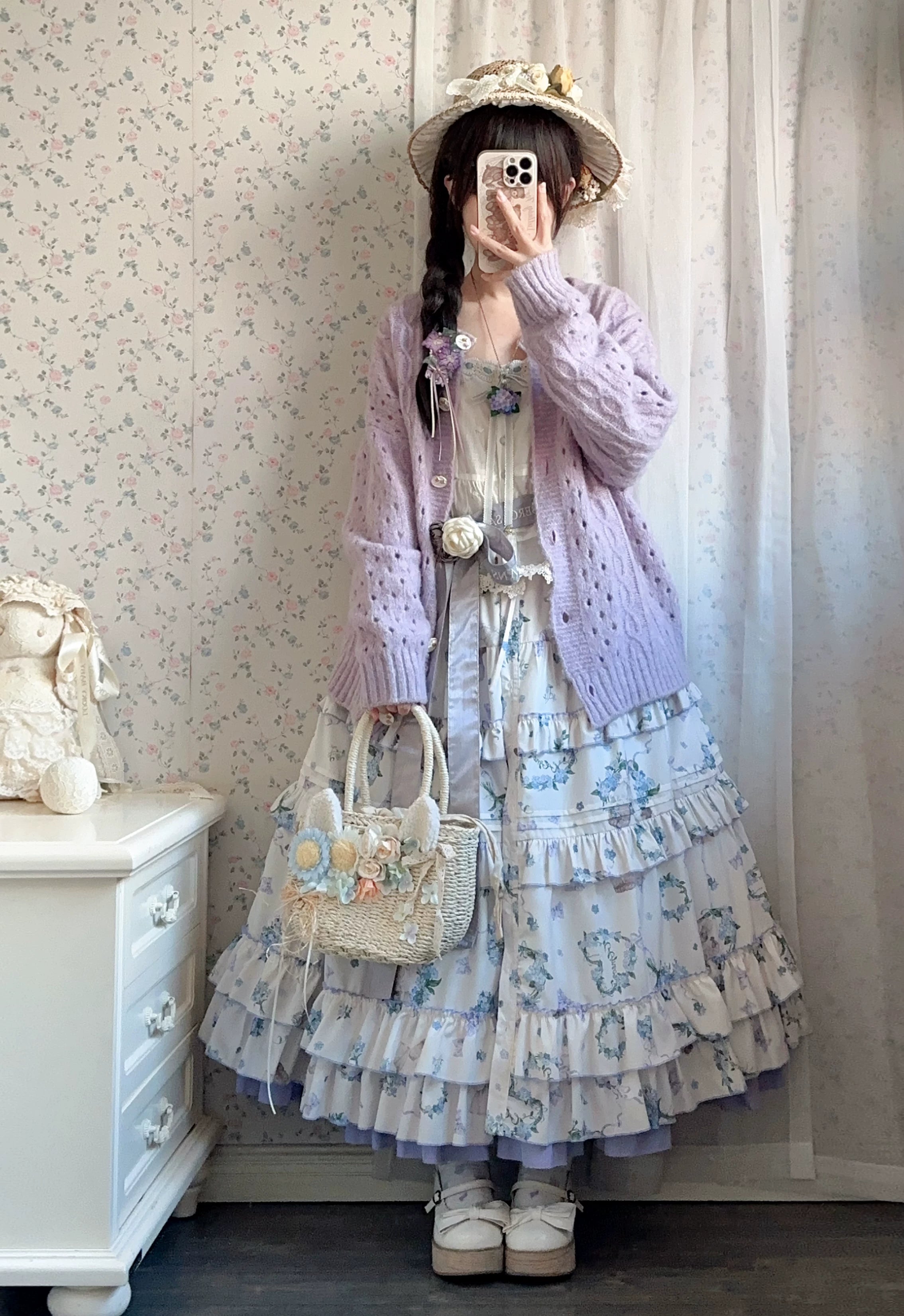 Meow Wreath - Classic Lolita Button Closure JSK Dress, Cat and Wreath Print