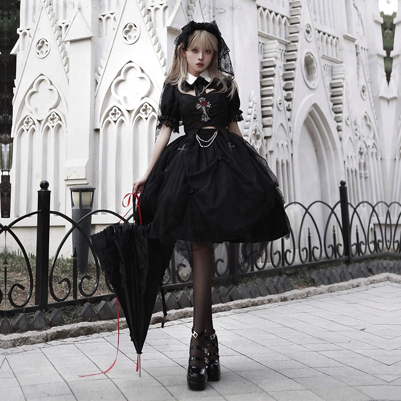 With PUJI~Evil Flower~Gothic Lolita Skirt Set Rose Embroidered Hollow Out Blouse