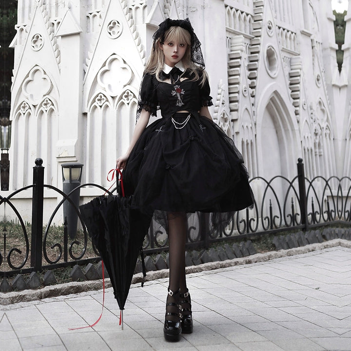 With PUJI~Evil Flower~Gothic Lolita Skirt Set Rose Embroidered Hollow Out Blouse   