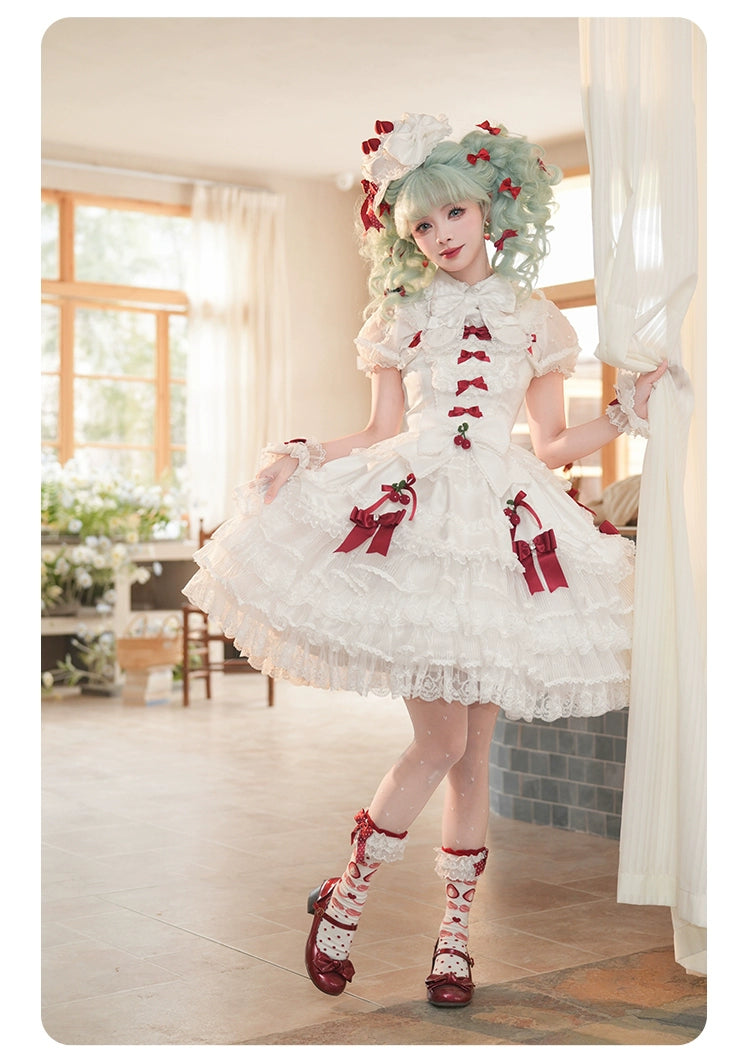 Summer Fairy~Strawberry Angel~Sweet Lolita JSK Suit Tiered Ruffle Dress Set