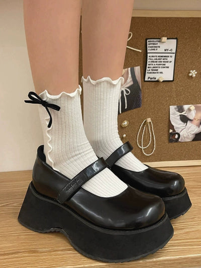 WAGUIR~Kawaii Lolita Socks Flocking Ruffle Bow Socks White Side Bow Free size 