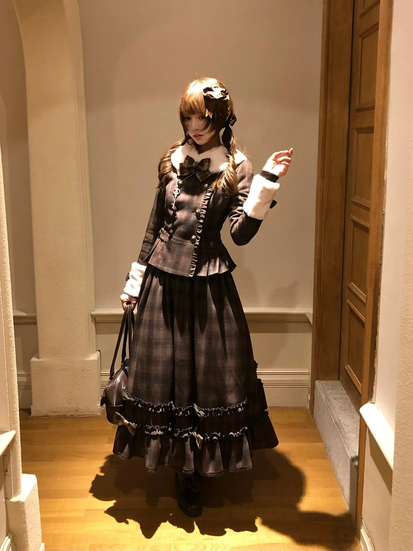 Filled Chocolate - Winter Classic Lolita Plaid Coat Set, Detachable Plush Collar 45900:867132