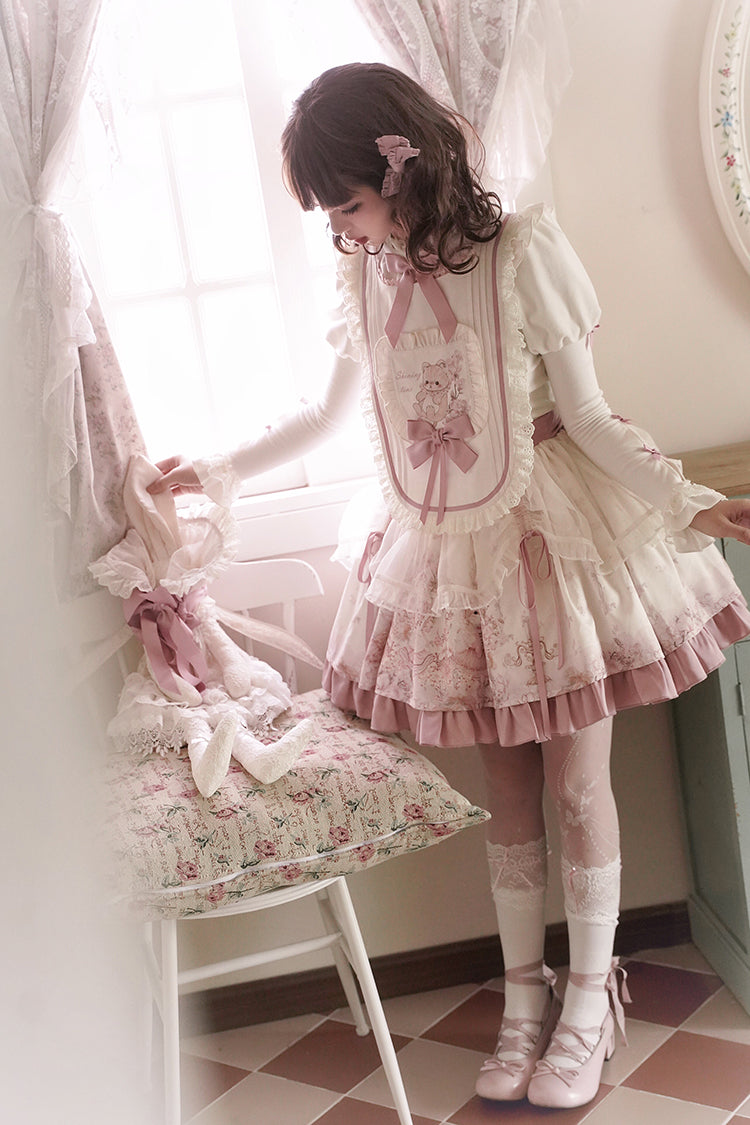 Half Sweet Lolita~Doll Garden~Sweet Lolita JSK Dress Cat Print Pink Dress Set S a pair of off-white side clips 