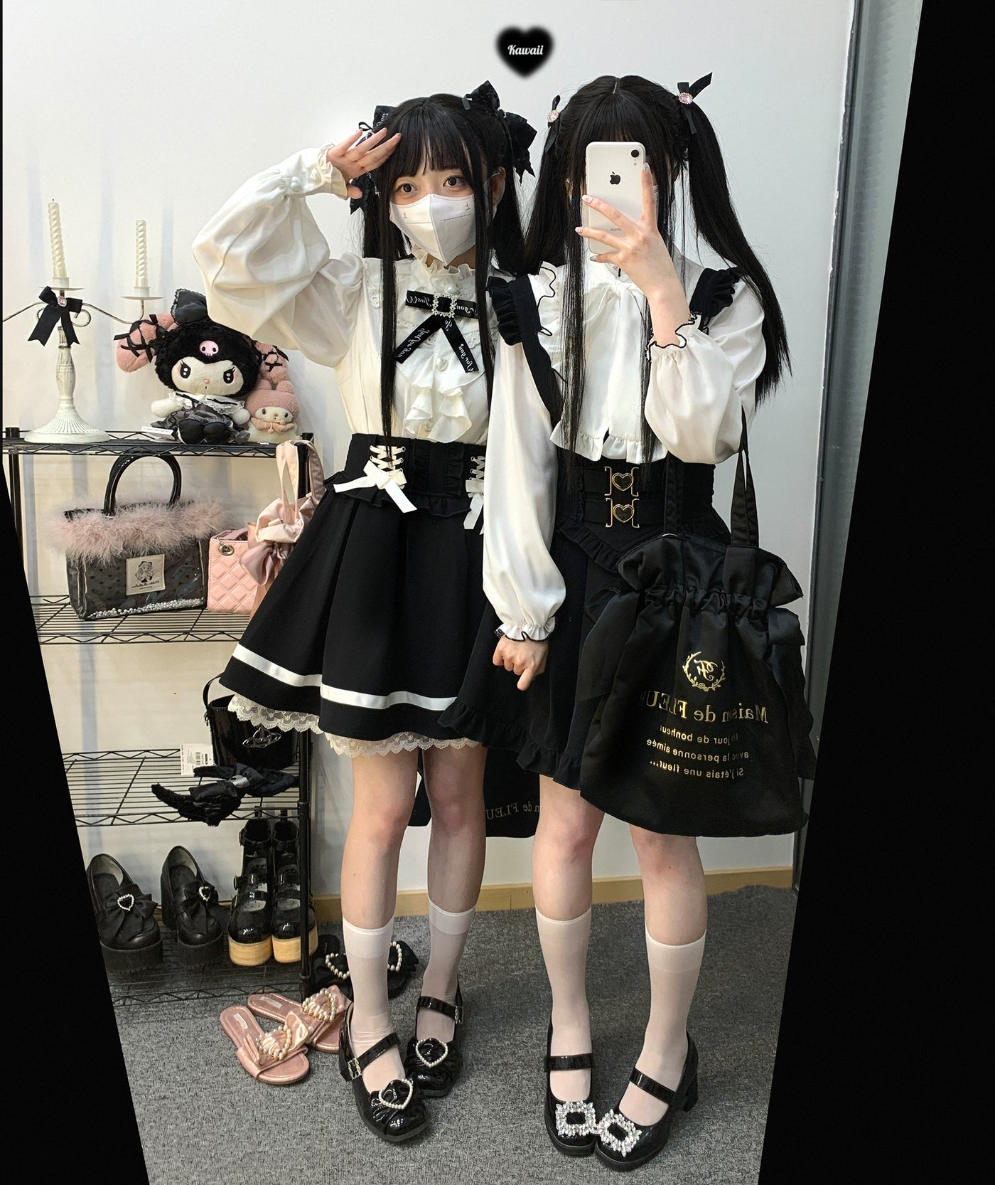 (BFM)KittyBxllet~Cream Ribbon~Jirai Kei Bi Color Stand Collar Ribbon Blouse   