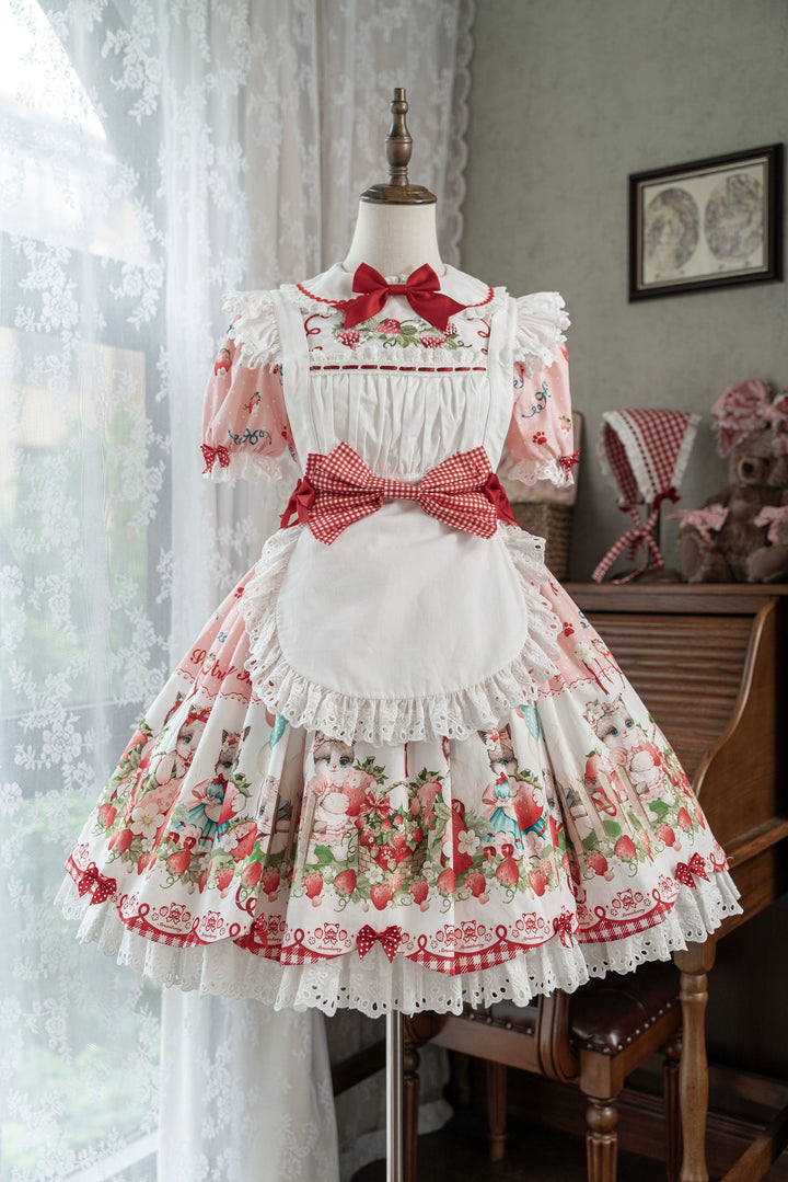 GD Lolita~Cat Strawberry Garden~Sweet Lolita Dress High Waist JSK Strawberry Print OP Apron Only (free size select M) S