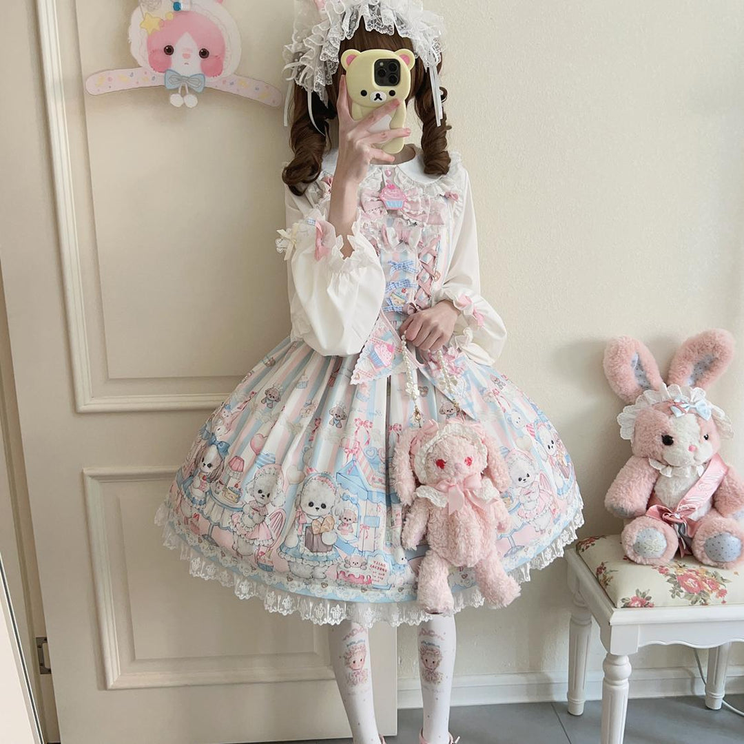 Hanguliang~Sweet Tea Party~Kawaii Lolita JSK Puppy Printed Dress with Sash