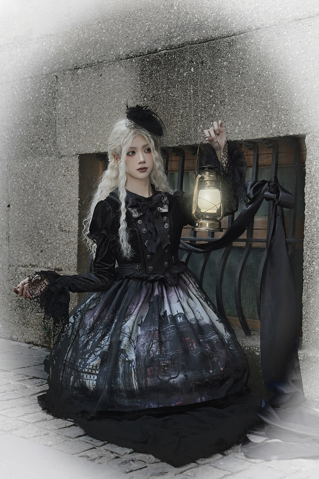 LilithHouse~Horror House~Gothic Lolita OP Set with Cape and Castle Print