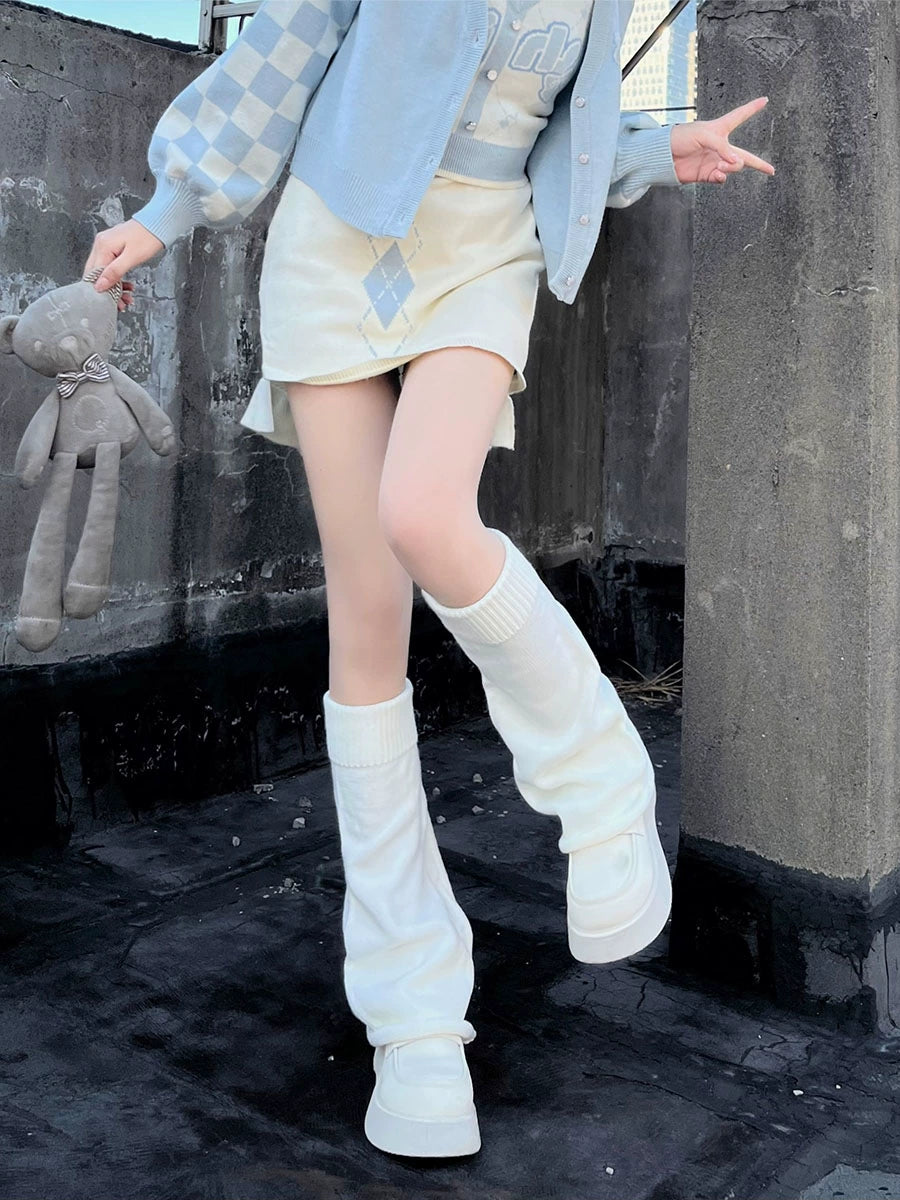 Hua Nai Cat - Winter Lolita Knit Leg Warmer Mid-Calf Socks One Size Milk white - 50cm roll rim-with free anti-slip transparent band