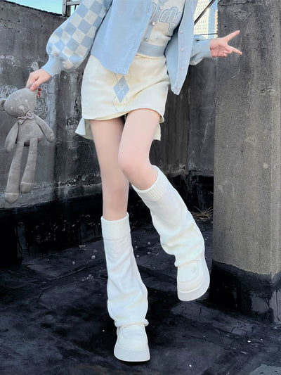 Hua Nai Cat~Winter Lolita Knit Leg Warmer Mid-Calf Socks Free size Milk white - 50cm roll rim-with free anti-slip transparent band 