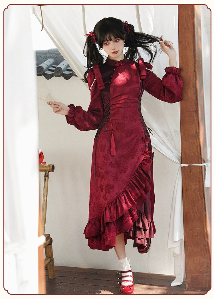 With PUJI~ShunSong~New Year Velvet Cheongsam Lolita OP Dress