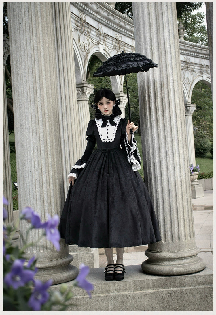 With PUJI~Sleepless Night~Classic Lolita Black OP Dress White Princess Sleeves   