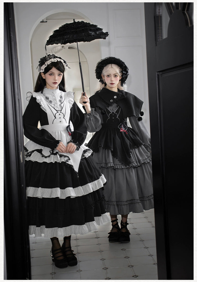 With PUJI~Castle Night~Gothic Twins Lolita OP Three-tiered Embroidery Dress