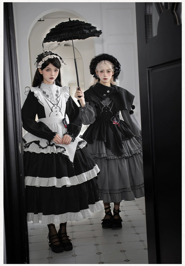 With PUJI~Castle Night~Gothic Twins Lolita OP Three-tiered Embroidery Dress