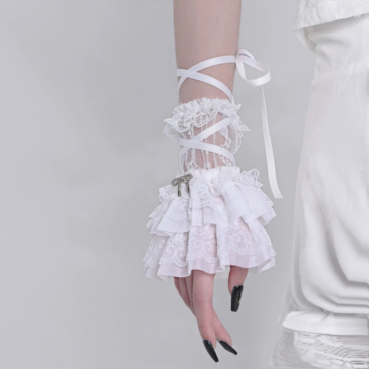 Broken Bone~Sweet Lolita Sleeves White Lace-up Ballet Breathable Cuffs   