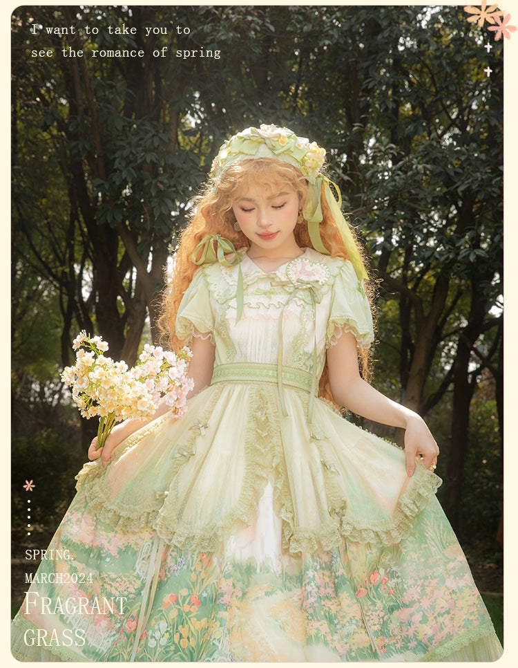 Flower and Pearl Box~Wild Flowers and Fragrant Grass~Country Lolita Dress Floral Print JSK and OP Dress Set