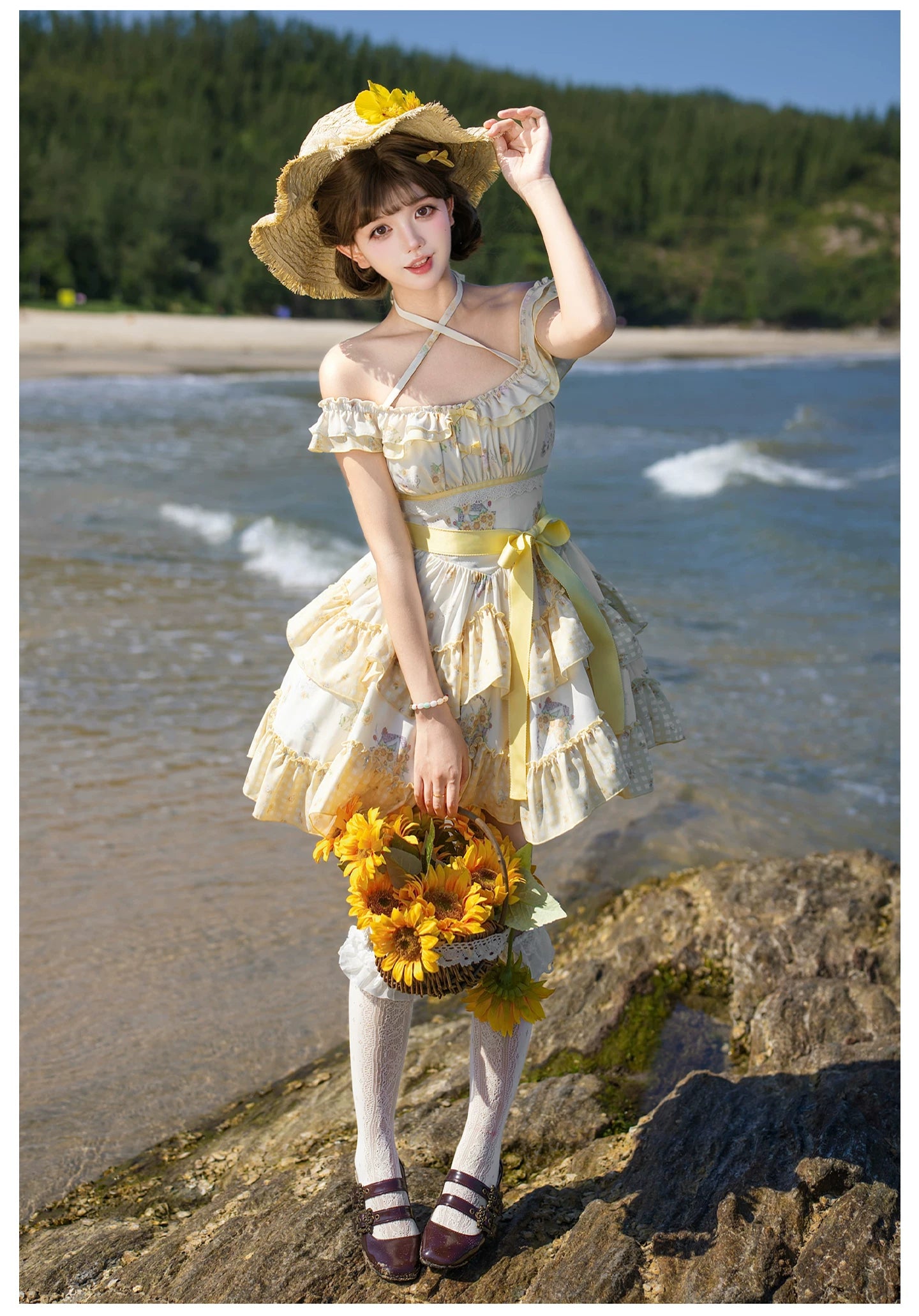 Small Sunflower - Classic Lolita Sunflower Printed JSK Dress, Tiered Hem 45740:860872