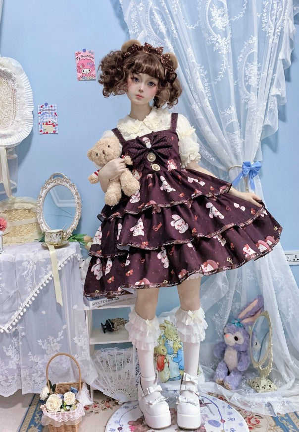 Night Never Sleeps~Bobble Bunny~Kawaii Lolita JSK Tiered Ruffles Dress with Bunny Print Brown JSK Only S