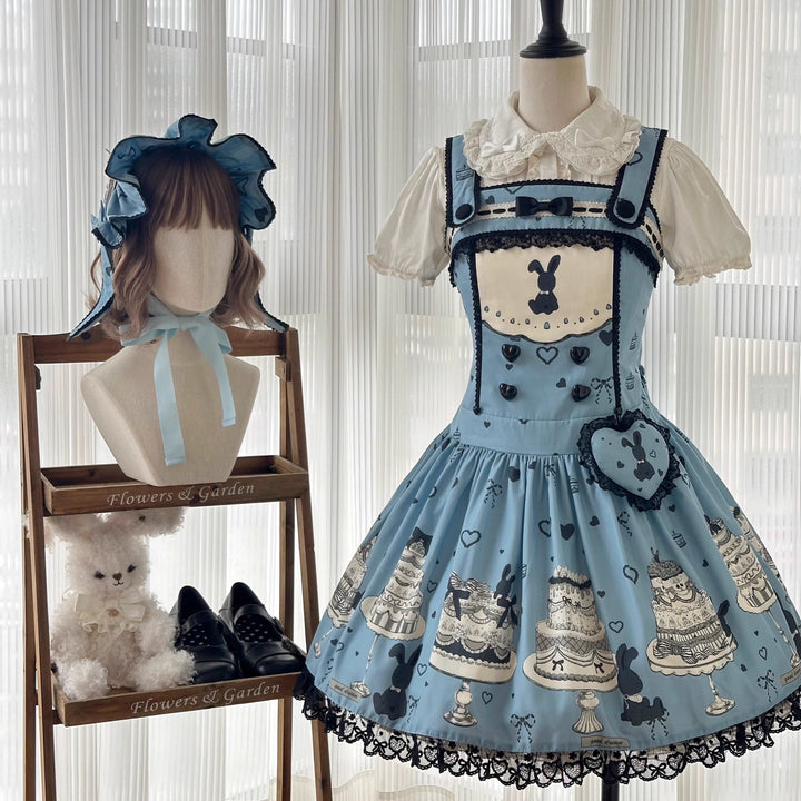 Sweet Dream Sheep - Cake Bunny - Blue Sweet Lolita Dress, Bunny&Cake Print Blue Salopette + Waist Padded Heart Only S