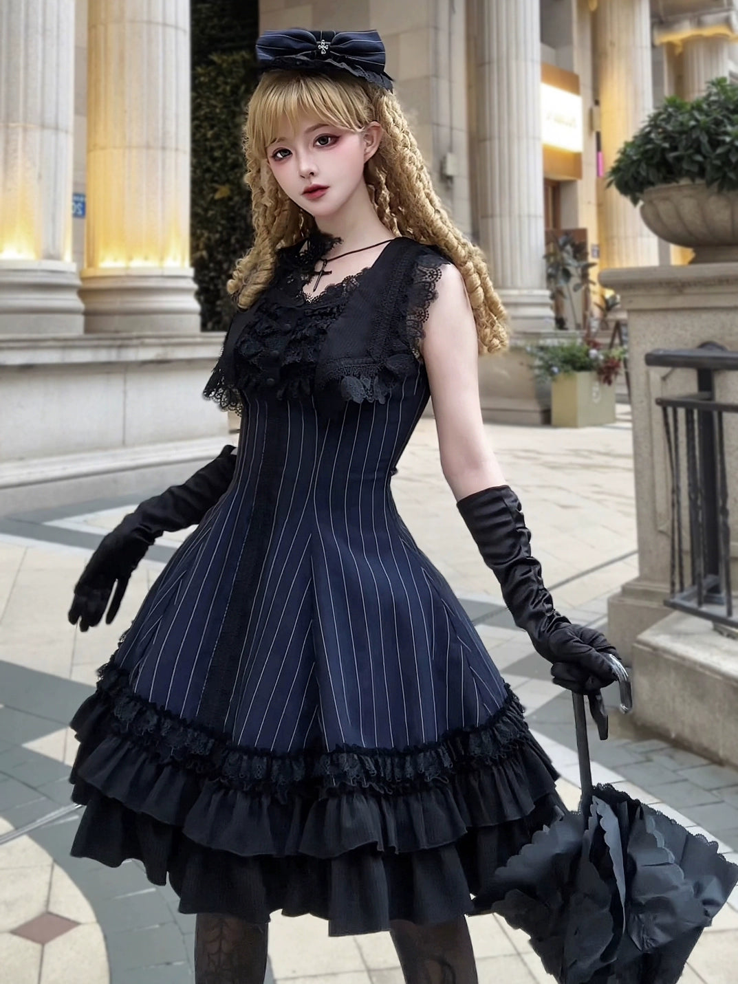 MILU ORIG - Six-Panel Gothic Lolita JSK Dress, Tiered Ruffles Blue JSK Only / Stripes S