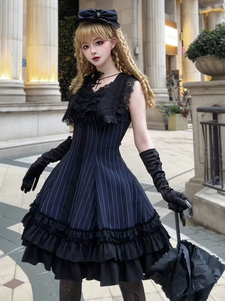 MILU ORIG - Six-Panel Gothic Lolita JSK Dress, Tiered Ruffles Blue JSK Only / Stripes S