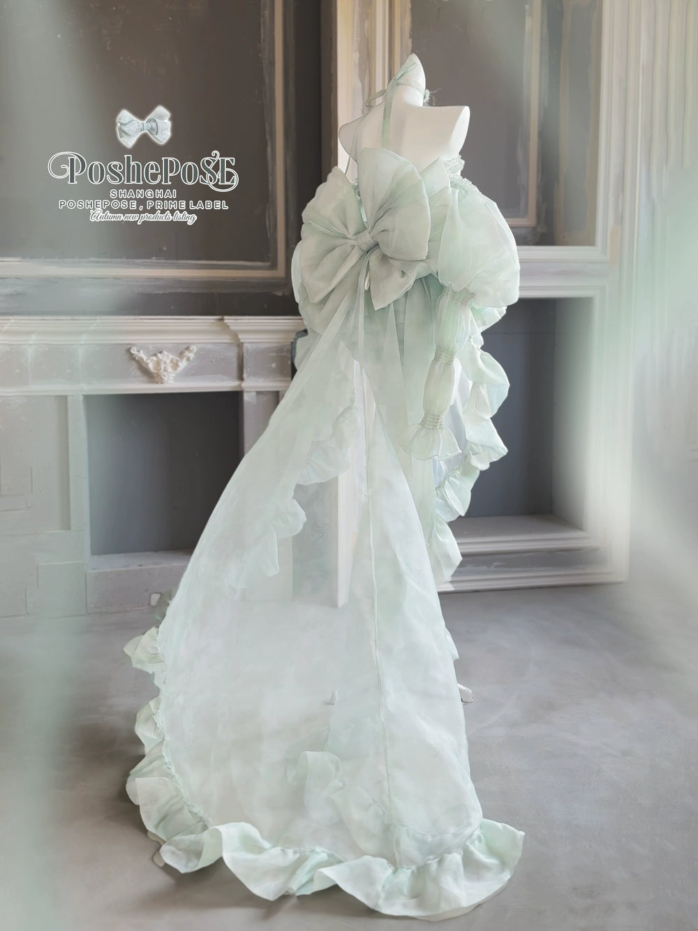POSHEPOSE~Cherie Green~Sweet Lolita JSK High-end Full Set Puffy Sleeves Trailing Dress   