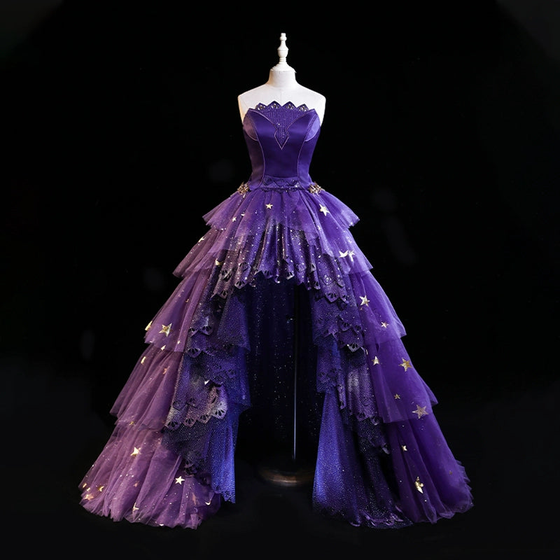 Nikki Tomorrow~Starry Sea~Elegant Purple Lolita Prom Dress High-low Hem Skirt & Fishbone Bodice Bodice S + Skirt S + Waist Chain S + Headdress/Pair S