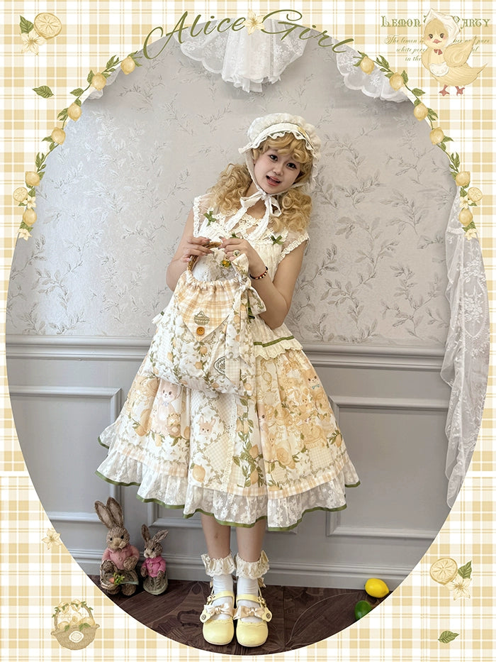 Alice girl~Lemon Rabbit~Kawaii Lolita Bonnet Brooch Embroidered Triangle Scarf   