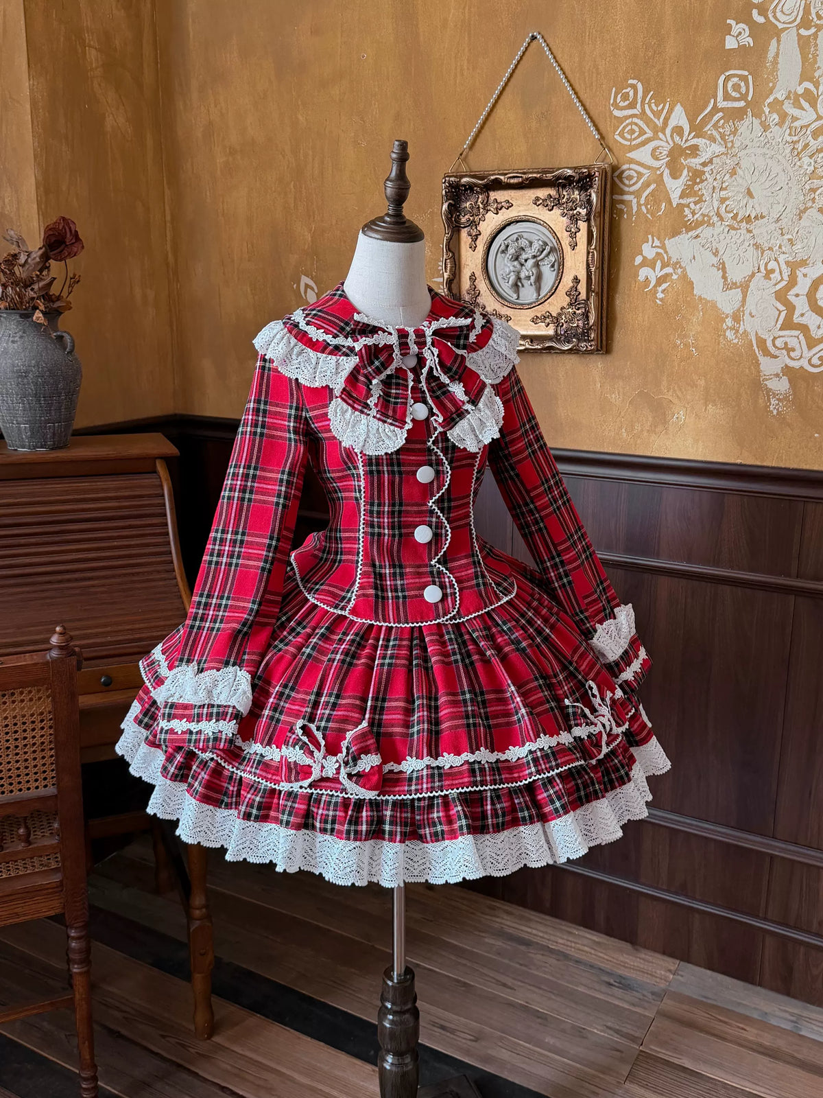 Christmas Knot - Christmas Old School Lolita Jacket & Skirt Set, Red Plaid 46051:873287