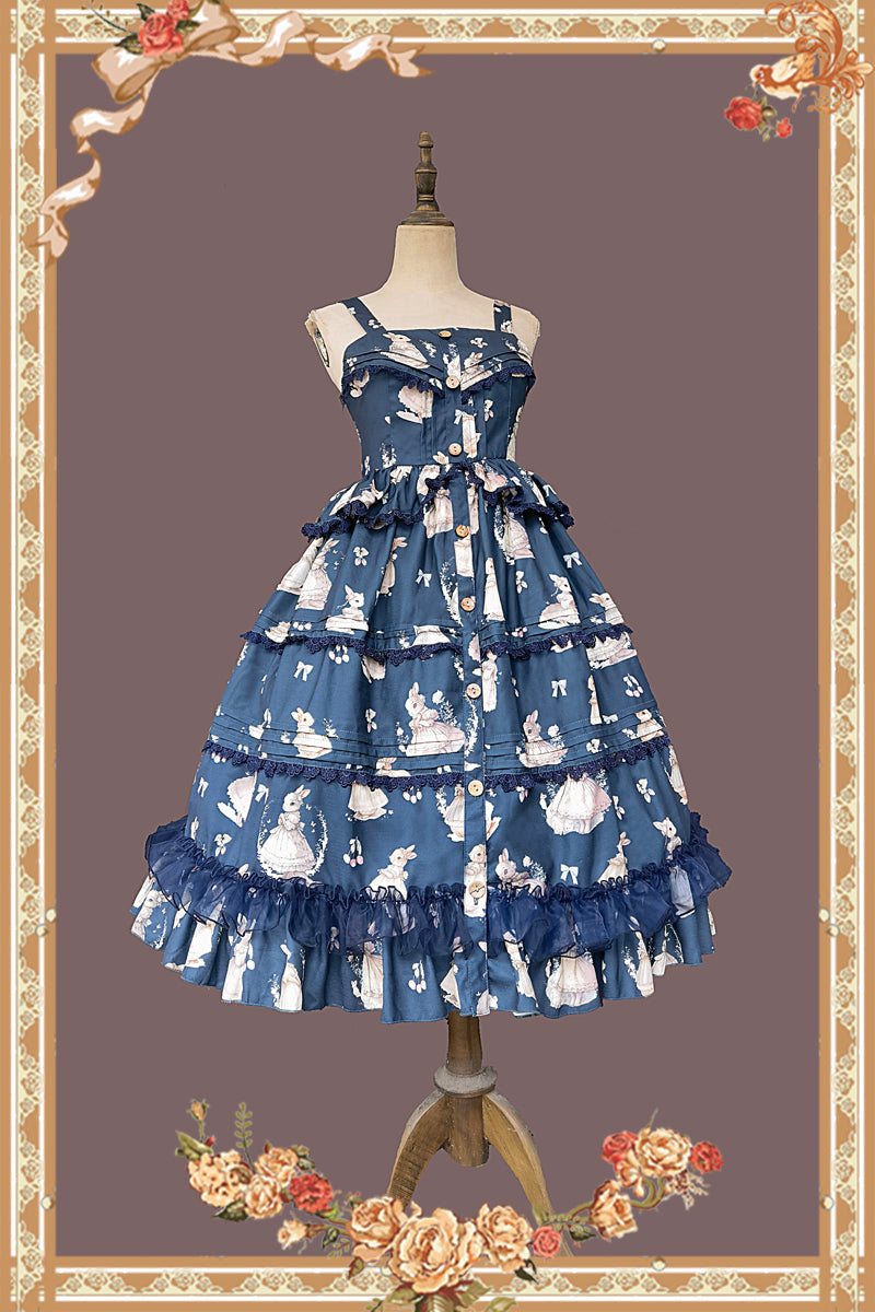Infanta~Elegant Lolita JSK Dress Tiered Rabbit Prints Middle Split Dress S Navy blue JSK 