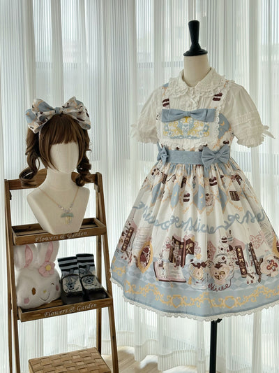 GD Lolita~Alice Rabbit~Kawaii Lolita Rabbit Print Blue Dress S blue JSK (waistband with two small bows) 