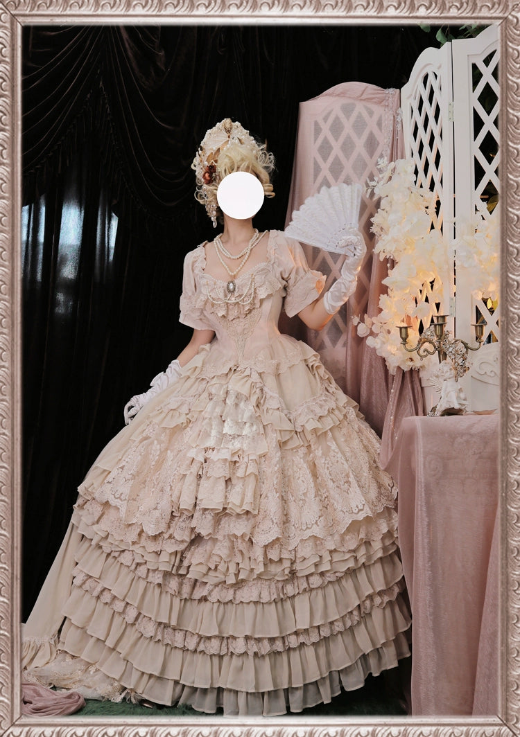 (BFM)Sweet Wood~Aphrodite's Dream~Vintage Lolita Wedding Tea Party Lolita Dress S full set(OP+a bow trailing set+ petticoat+chest necklace+necklace+pearl shoudler straps) 