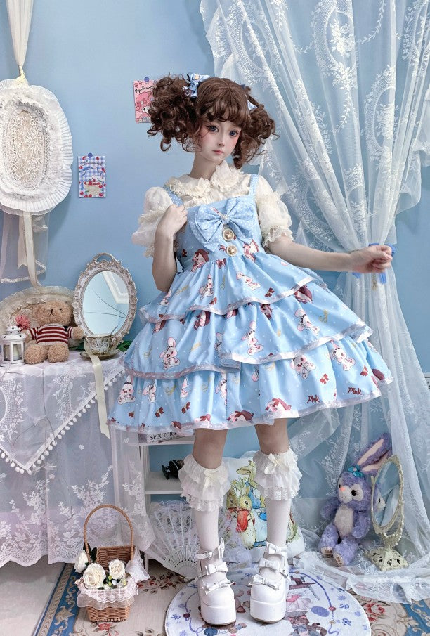 Night Never Sleeps~Bobble Bunny~Kawaii Lolita JSK Tiered Ruffles Dress with Bunny Print