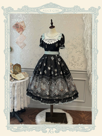 Alice girl~Night Rose~Elegant Lolita OP Dress Floral Print Dress Short Sleeve black long OP XS 