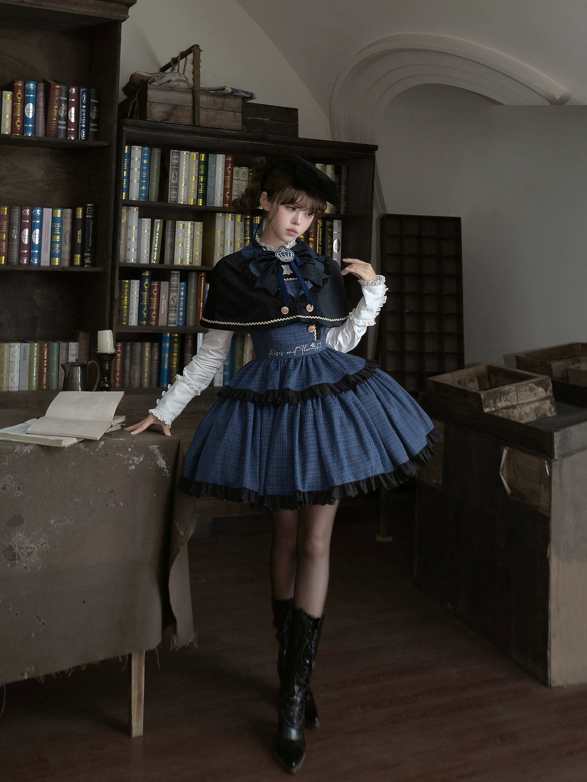 Heide Diary - Classic Lolita Blouse & JSK Dress Set, Blue Plaid