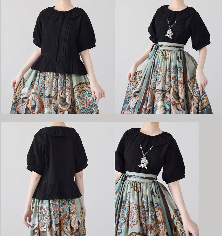 MIST~Spring Retro~Cotton Kawaii Lolita Shirt with Ruffled Neck and Lace Detail 42777:753225