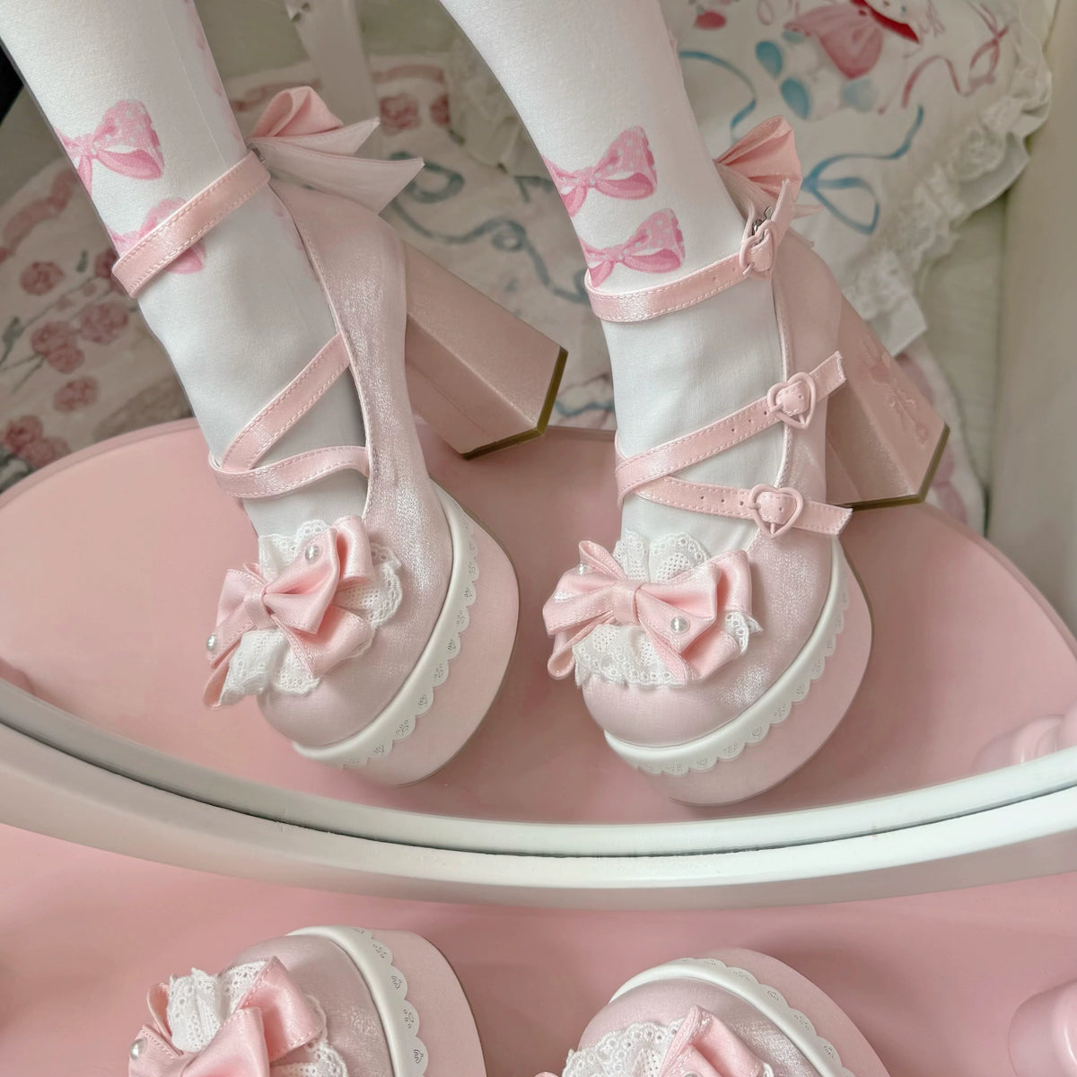 Tea Party Tale - Sweet Lolita Platform Heels, Bow Strap & Fork Embroidery 45905:867656