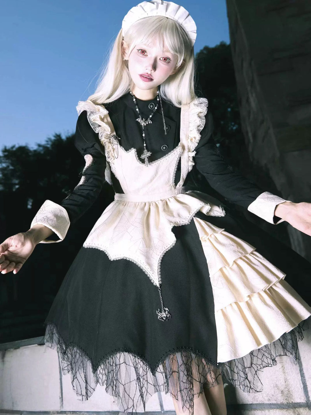 Sakurahime~Spider Dream~Gothic Lolita OP Dress Maid Lolita Built-in Fishbone Detachable Apron