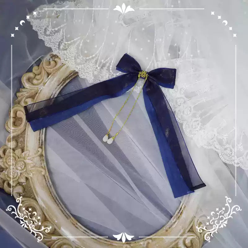 (Buy for me) NyaNya~Bright Moon On The Sea~Lolita Headdress and Accessories long tail side clip(1 piece)- blue