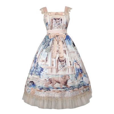 Balladeer~Elegant Lolita JSK Dress Long Dress Full Waist Oil Painting S JSK + waist tie (detachable) +2 detachable bows 