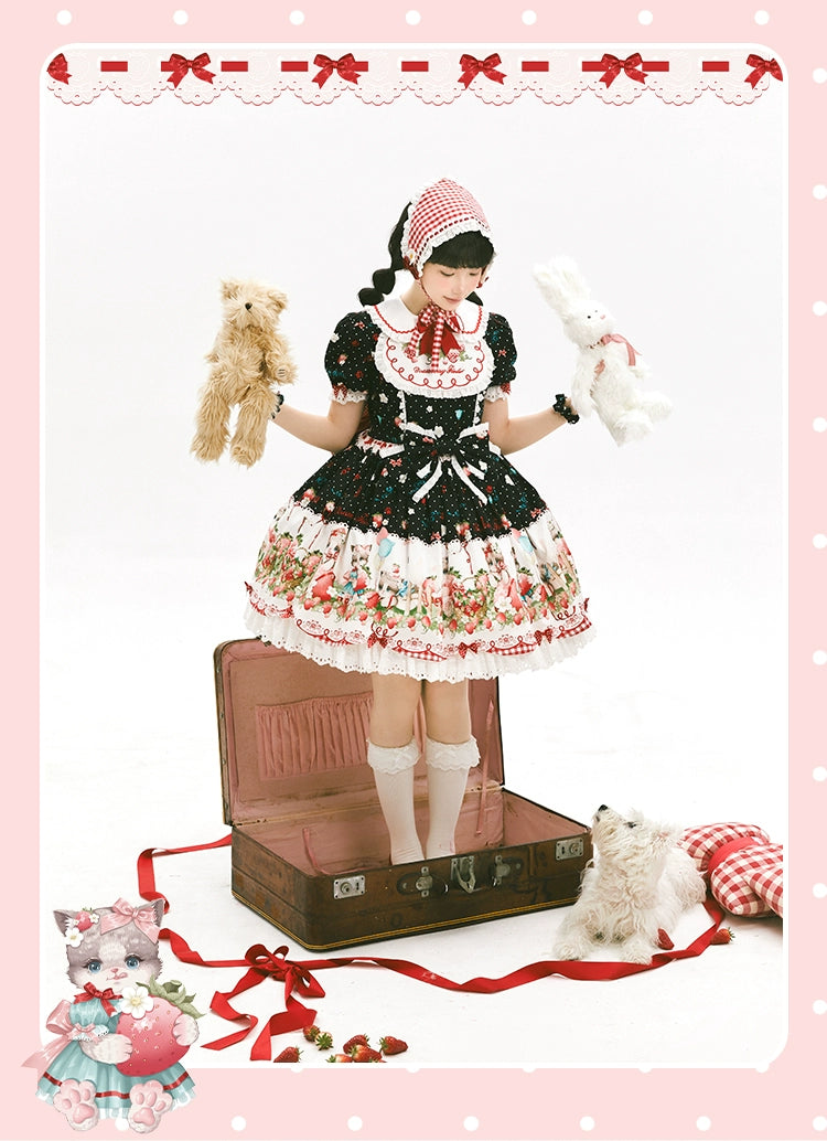 GD Lolita~Cat Strawberry Garden~Sweet Lolita Dress High Waist JSK Strawberry Print OP