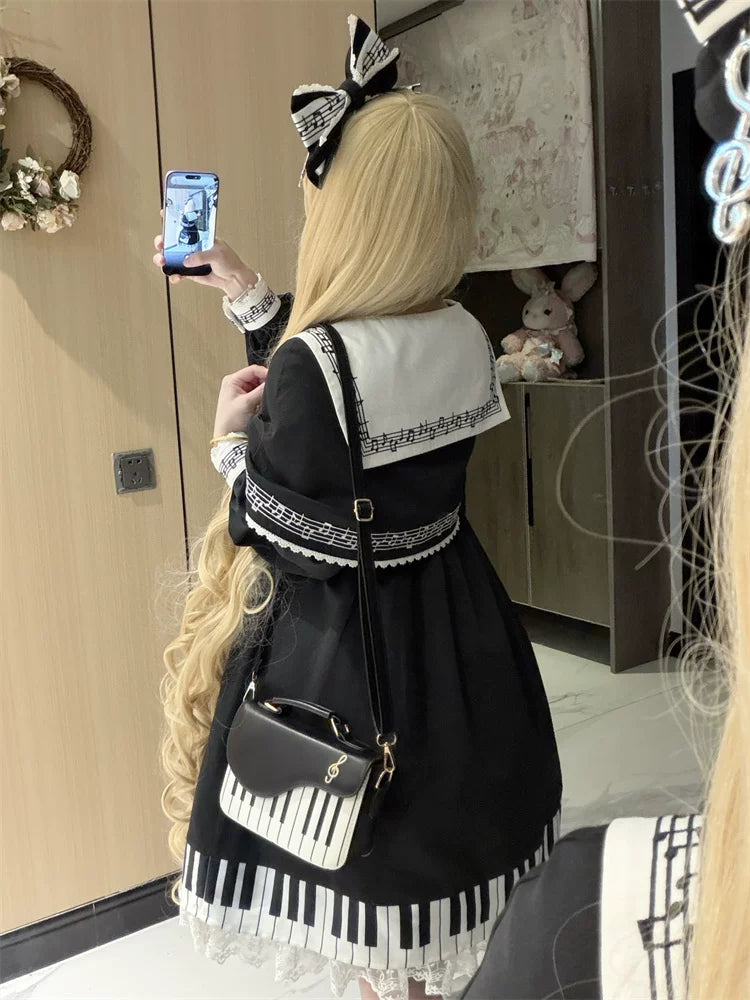Piano Serenade - Old School Lolita Cape Layered Dress, Musical Note Embroidery 45785:862526