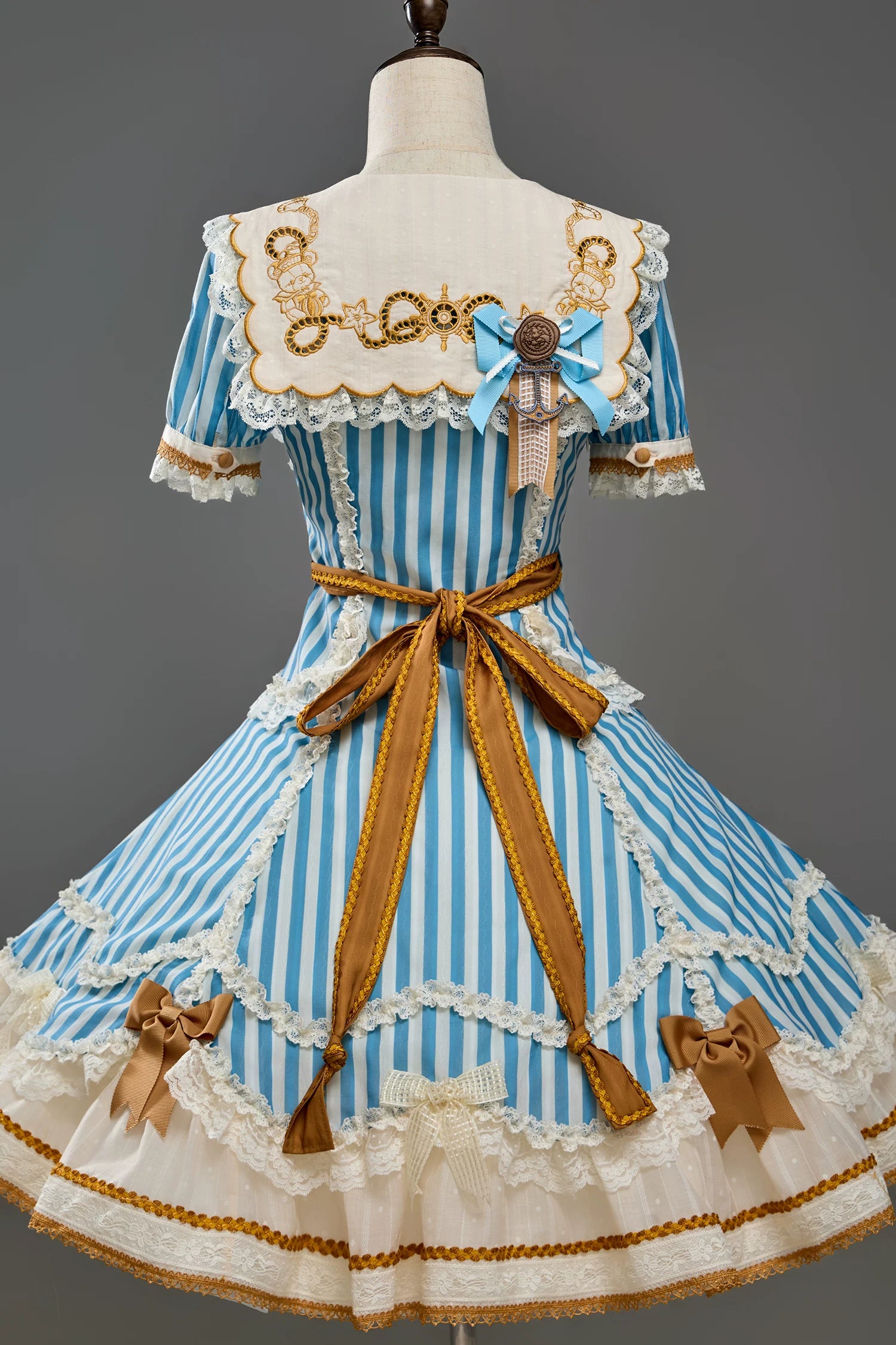 Antique Naval Bear - Striped Classic Lolita Sailor Collar OP, Bear Embroidery 45518:853998